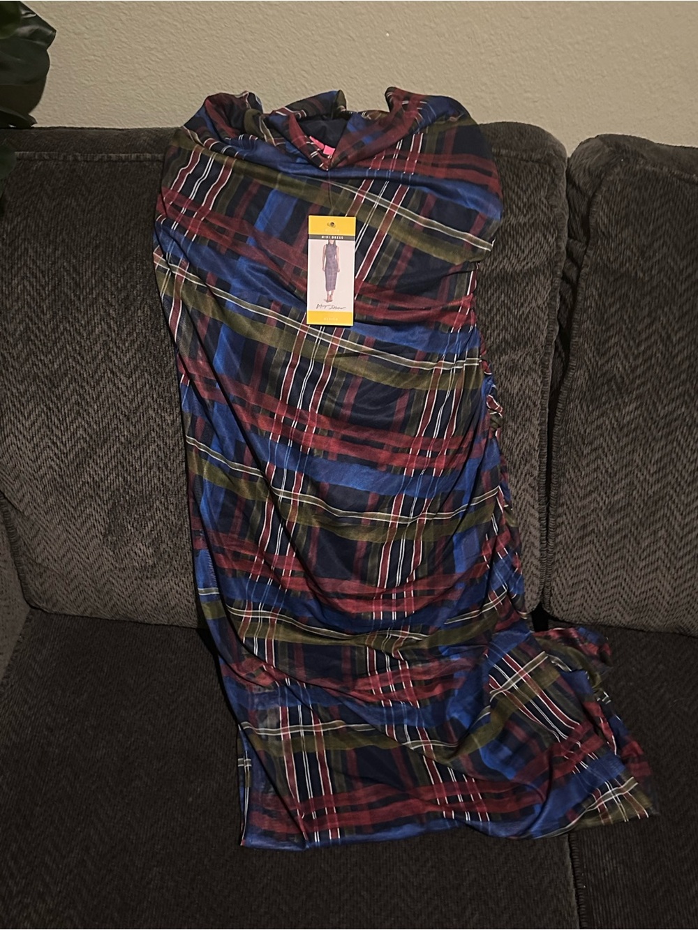 Betsey Johnson Navy, Burgundy & Olive Plaid Midi Dress